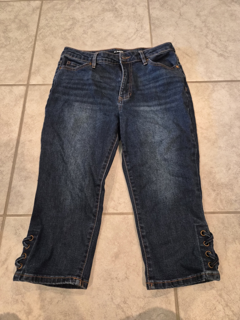 d. jeans Dark Blue Cropped Capri Jeans with Lace-Up Hem